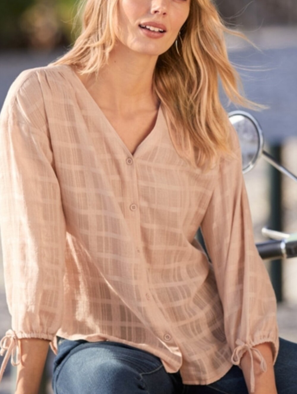 EUC Garnet Hill Tie Sleeve V Neck Blouse in Blush